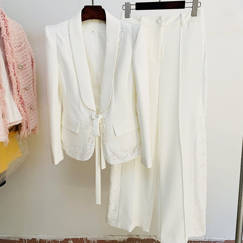 Luxury Designer European Stylish White Lace Patchwork Blazer Wide-leg Pants High Street 2 Pieces Sets Women Suits