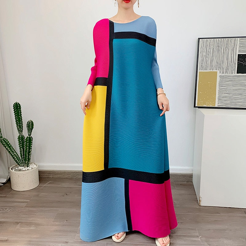 Contrast Color Pleated Maxi Dress of Women 2023 O-neck Three Quarter Sleeve Fashion Color Matching Long Dresses Summer New