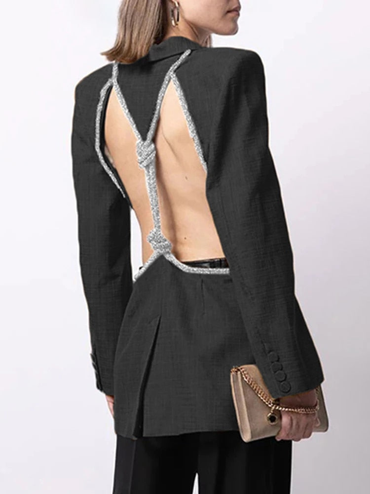 High Street Backless Blazer Women Notched Collar Long Sleeve High Waist Slimming Coat