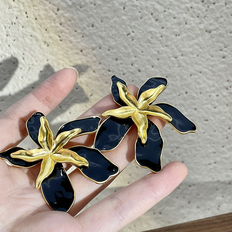E&A LuxuriousMetal Flower Drops Glaze Earrings