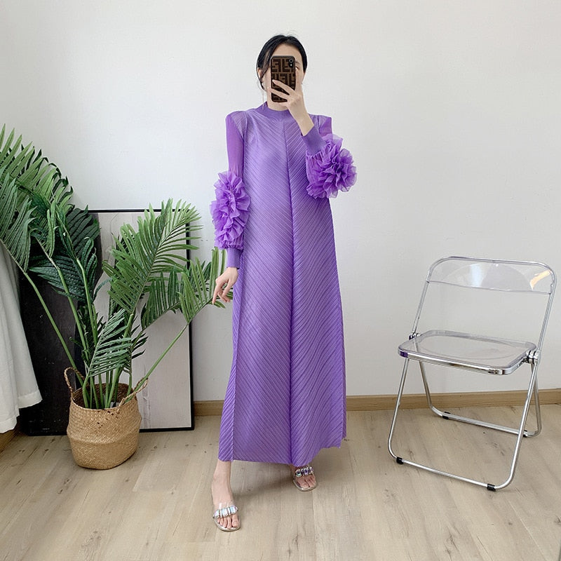Oversize Pleated Dress Round Neck Spliced Fungus Full Sleeve Long Dresses For Women 2023 New Spring Clothes